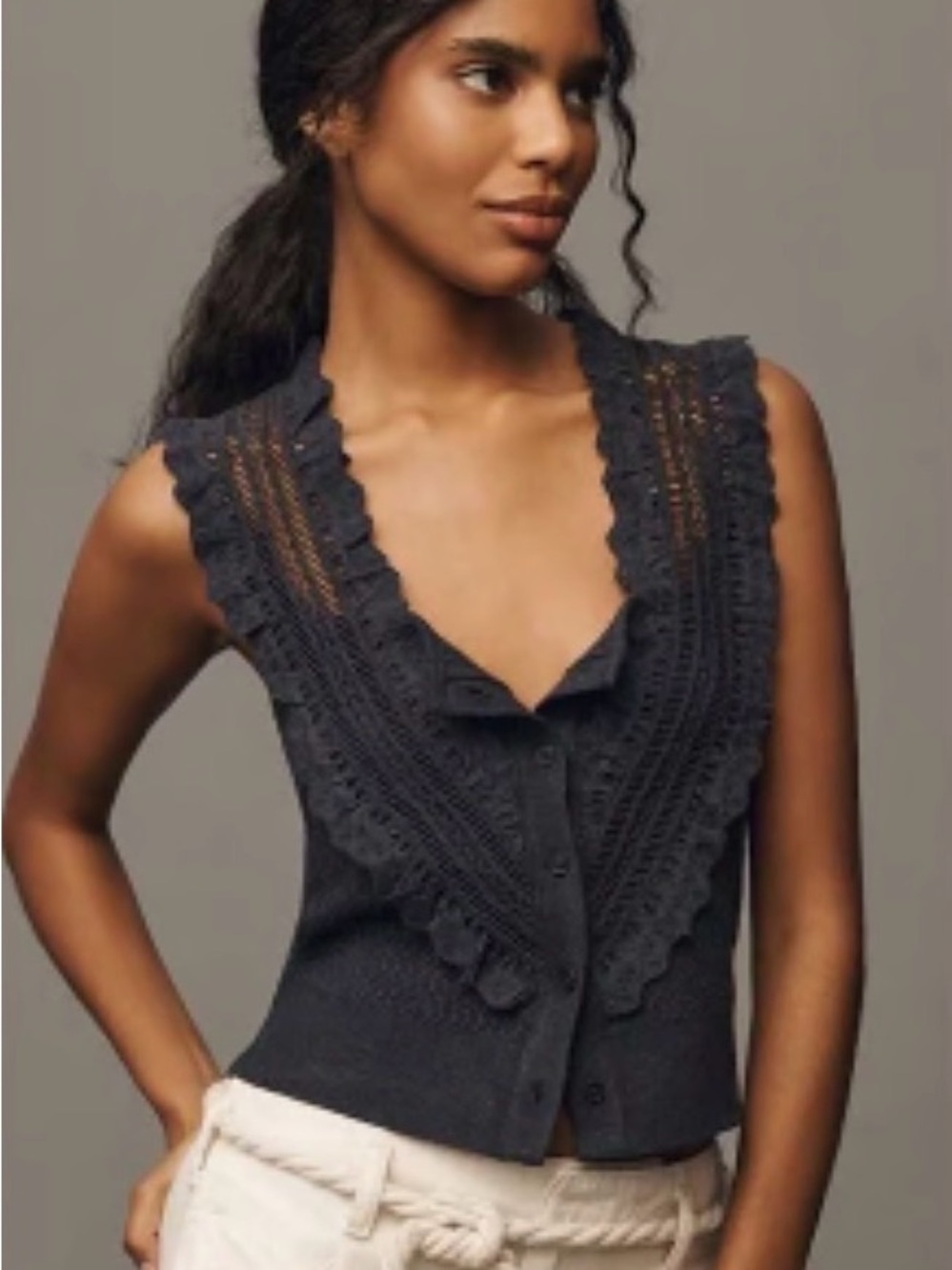 Pilcro Navy Crochet Ruffle V-Neck Tank